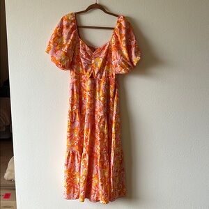 Puffy Sleeve Smocked Floral Orange and Pink Women's Dress
